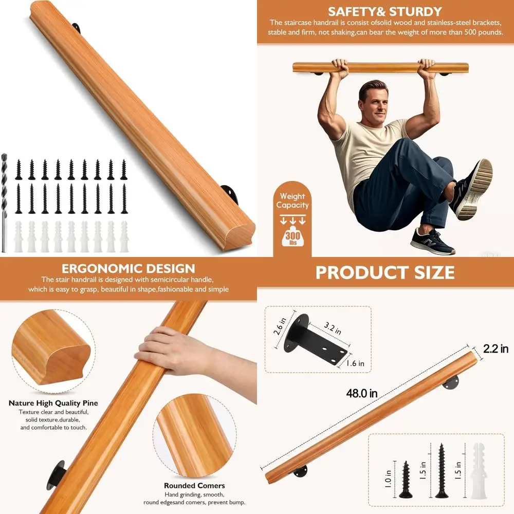 

Solid Wood Stair Handrail 4FT Indoor Outdoor, Wall-Mounted Non-Slip Safety, Ideal for Elderly and Families