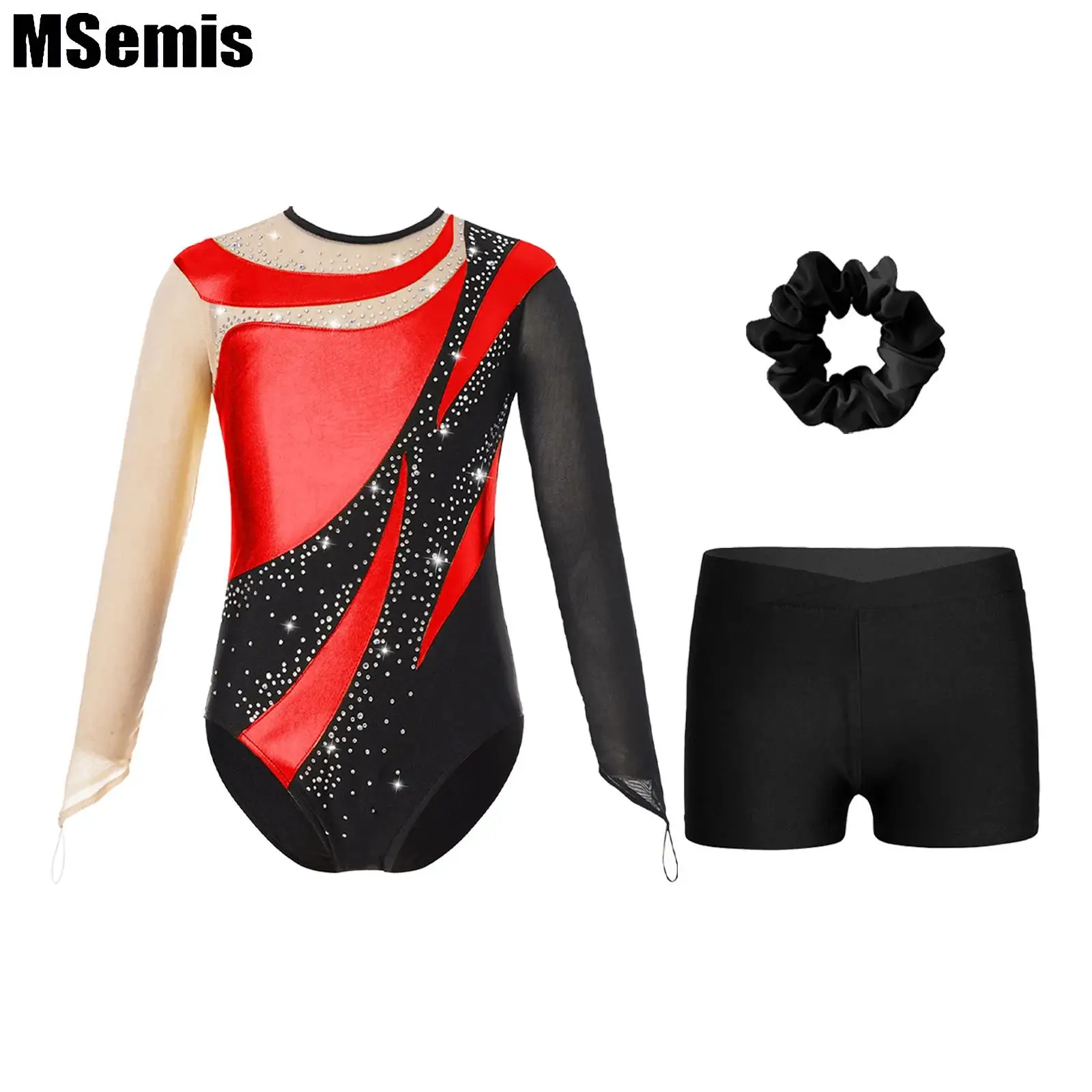 

Kids Girls Patchwork Dance Outfits Cutout Back Leotard with V-front Waistband Shorts And Hair Tie Headwear for Gymnastics