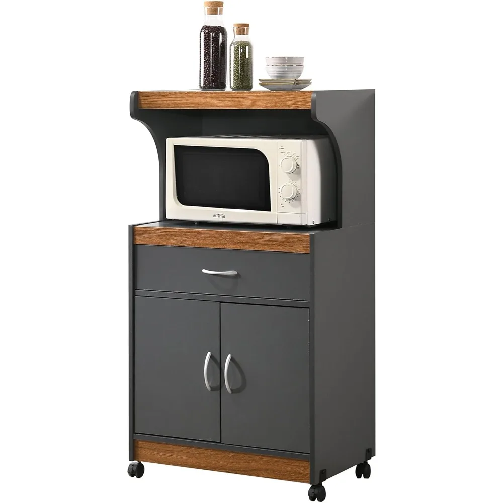 

Microwave Kitchen Cart with Storage Shelves Grey Oak Finish Mobile Microwave Stand