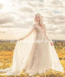 Fantasy Medieval Elf Evening Dresses White Long Sleeve Appliqued See Through A-Line Long Dress Parade Fairy Ancient Evening Gown