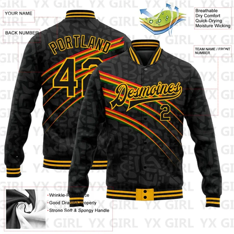 Custom Black Gold Black History Month 3D Pattern Design Bomber Full-Snap Varsity Letterman Jacket 3D Baseball Button Jacket