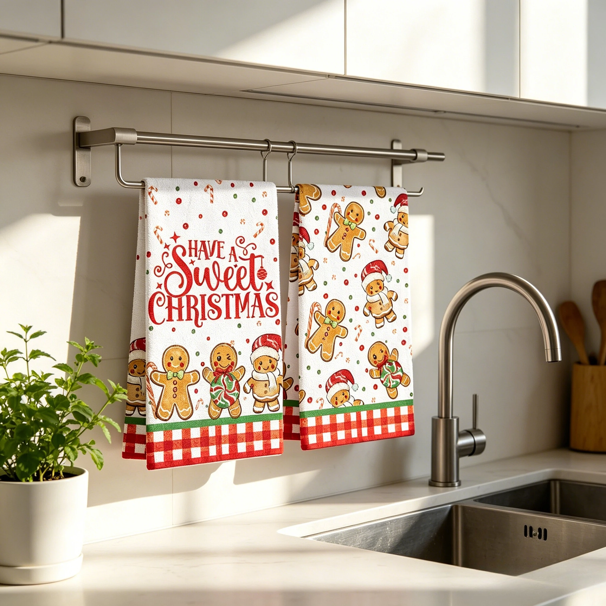 2pcs Ultra Fine Microfiber Dish Towels 18x26 inches,Christmas Gingerbread Candy Cane Decor for Home Cooking,Baking,kitchen towel