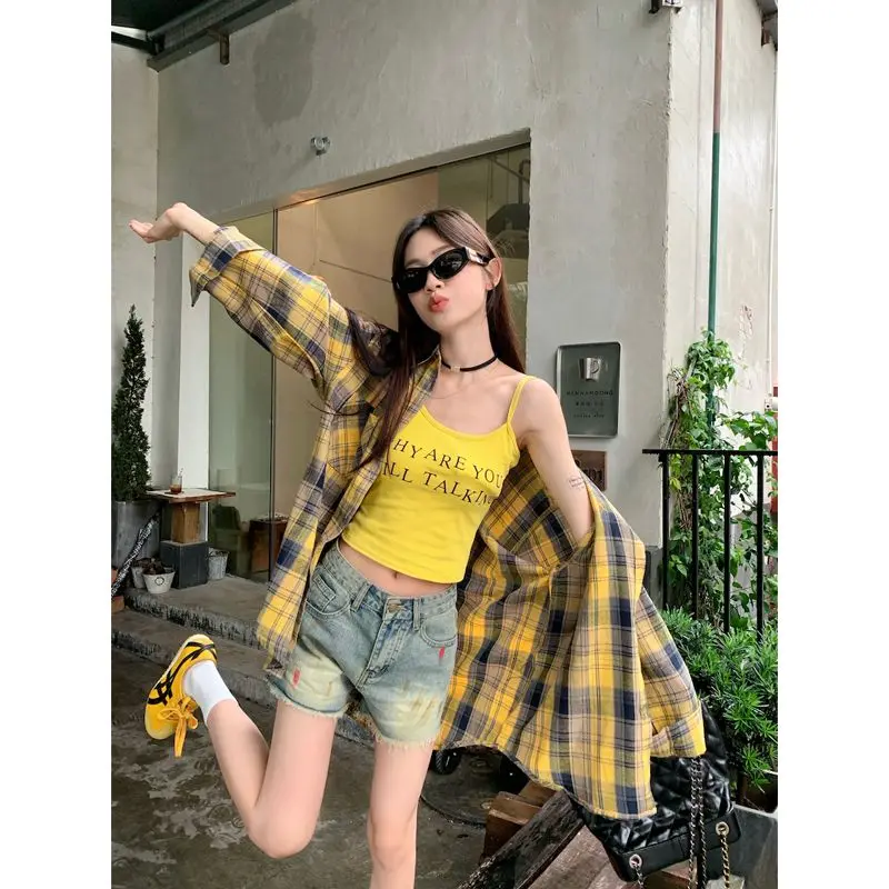 

Стильная женская рубашка-жакет с длинным рукавом и воротником, с флисовым покрытием, в винтажную клетку, весна-осень, новый стиль, желтый кардиган в клетку