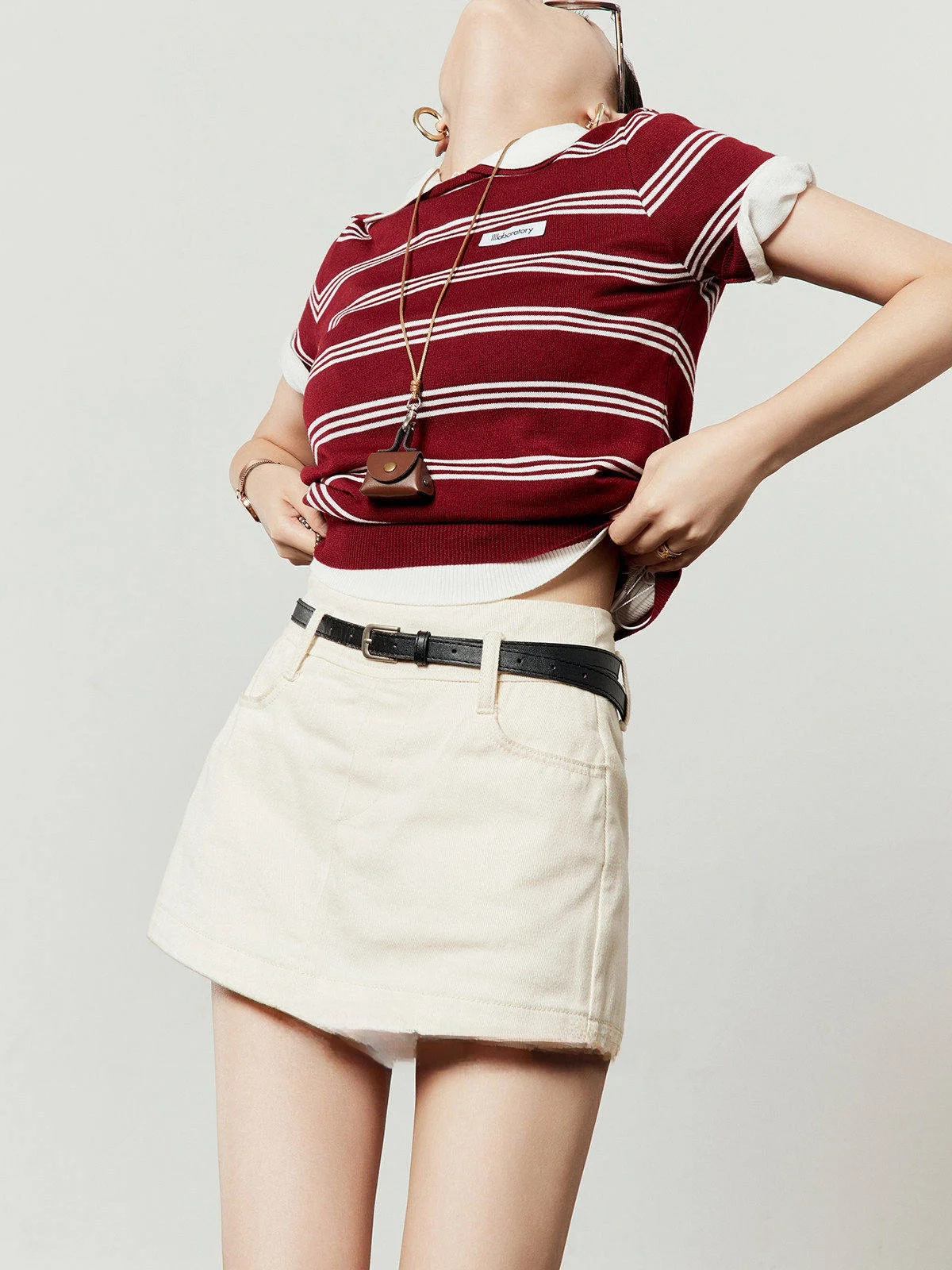 

Red Knitted Ne Striped ort Sve Women's T-irt Summer New Sle Versatile Color Blo Commute Sle Korean Version