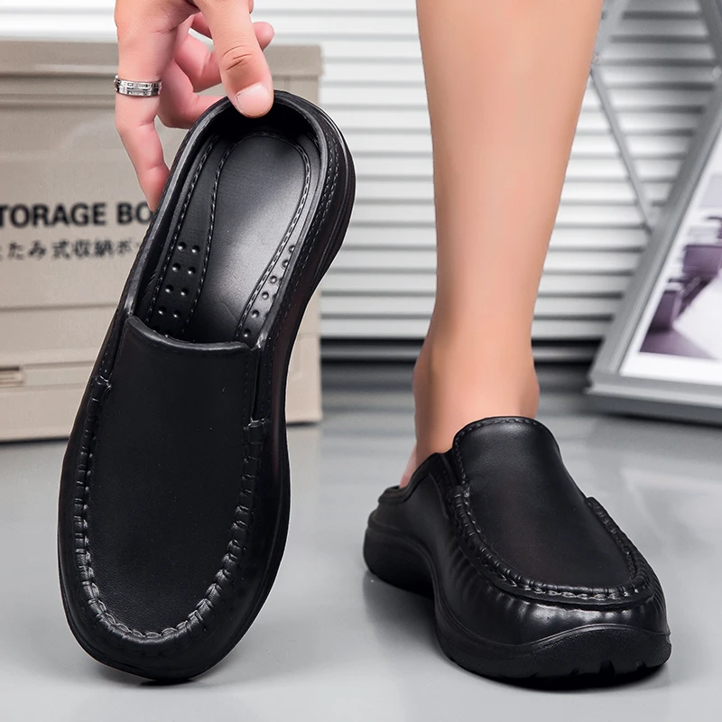 Sapatos de chef verão plus size baotou metade chinelos antiderrapante resistente ao óleo negócios casuais sapatos de chef masculino sapato de couro respirável