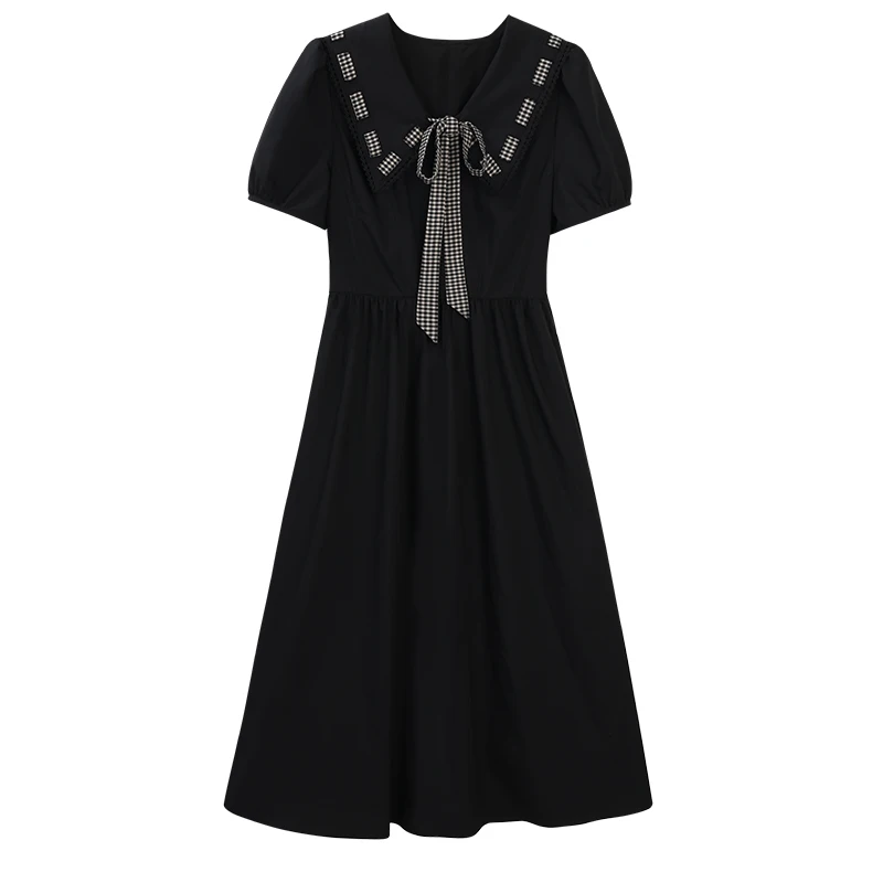 ALXNAN Plus Size Black Long Dress Vintage Elegant Casual Holiday Women's Dress 2025 Summer Short Sleeve Clothing Ladies D11091