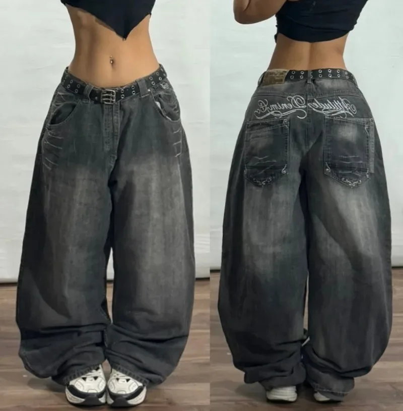 Y2K Streetwear Vintage Hip Hop Pop Letters Embroidered Baggy Jeans Women Harajuku Rock Casual Joker Couple High Waist Jeans