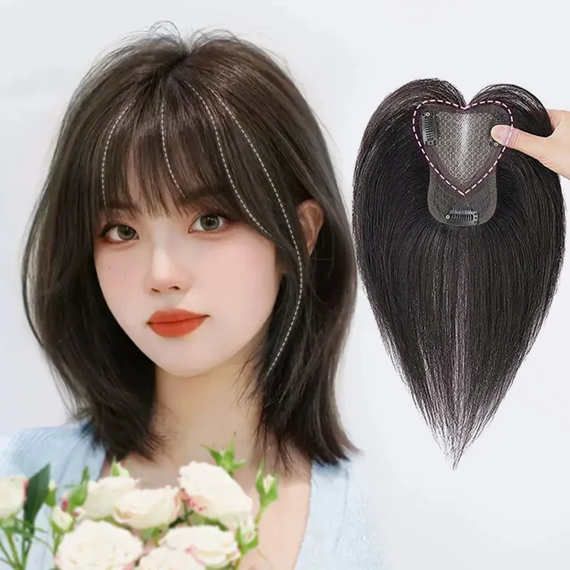 Clip in Bangs 100% Real Human Hair Wipsy Fack Bangs Hair Clip With Topper Lace Bangs,360°Cover Natural Color  Can perm hair