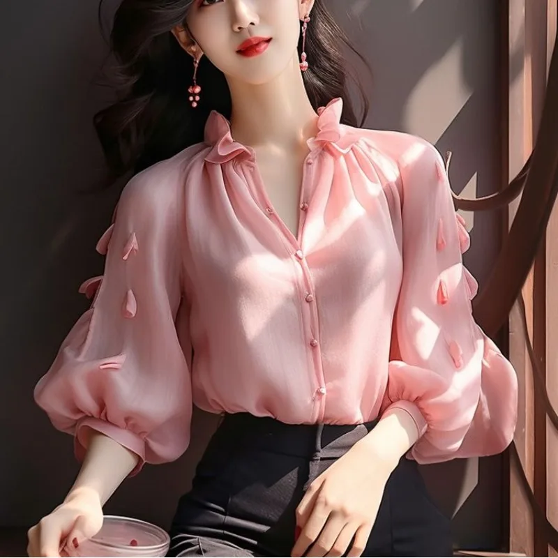 French Style Chic 2024 New Spring Blouses Women's Solid Color V-Neck Edible Tree Fungus Spliced Button 3/4 Sleeve Chiffon Shirts