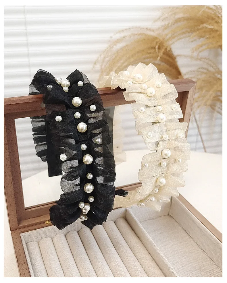 Stylish and Luxurious Pearl Black Headband with Net Yarn, Audrey Style and High-end Feeling for Women's Fashionable Outfits