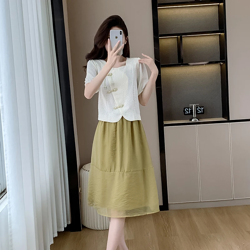 Summer Chiffon Two-piece Set For Women Square Collar Dial Buckle Cardigan Top And Skirt Female Large Size Solid Color Match Suit