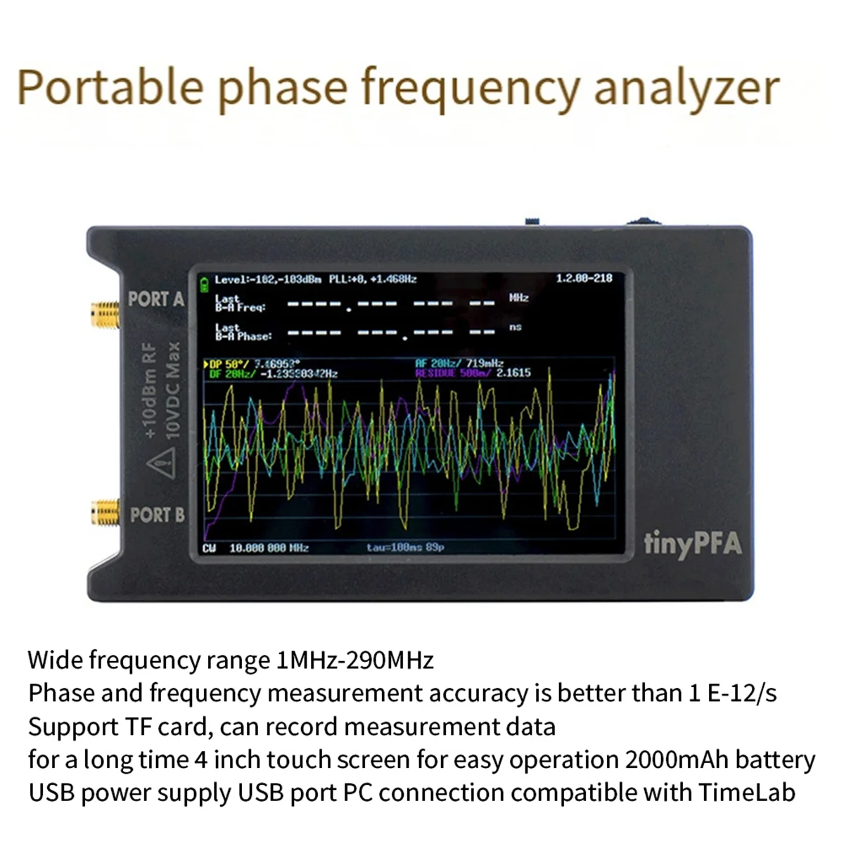 TinyPFA-Dernier Testeur d'Analyseur de Phase Morte Portable, 1M -300 MHz + Écran Tactile LCD 4 Pouces + Support de Batterie et de Boîte TimeLab