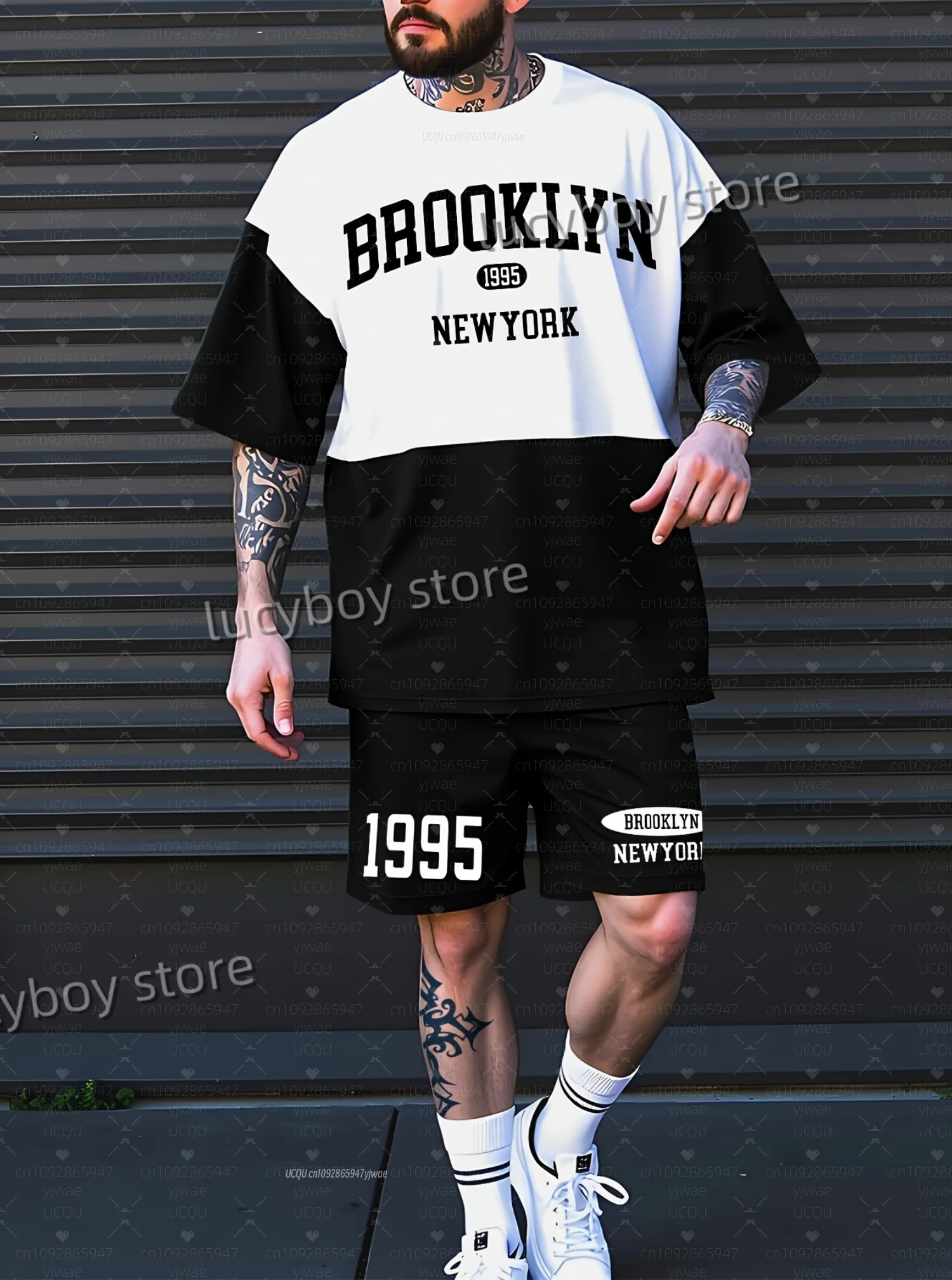 

2025 Hot Selling Summer Men BROOKLYN Print Set Short Sleeve T-Shirt Shorts Set Adult Jogging Plus Size Tracksuit 2 Piece Set