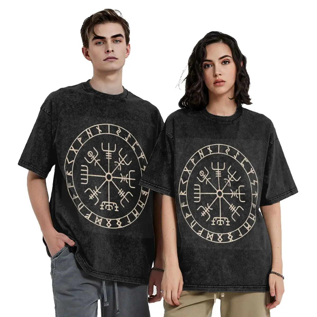 Runic Viking Compass Vegvisir Celtic Washed T Shirts Vintage Short Sleeve Hip Hop T-Shirt Streetwear Tops Tees for Men Women