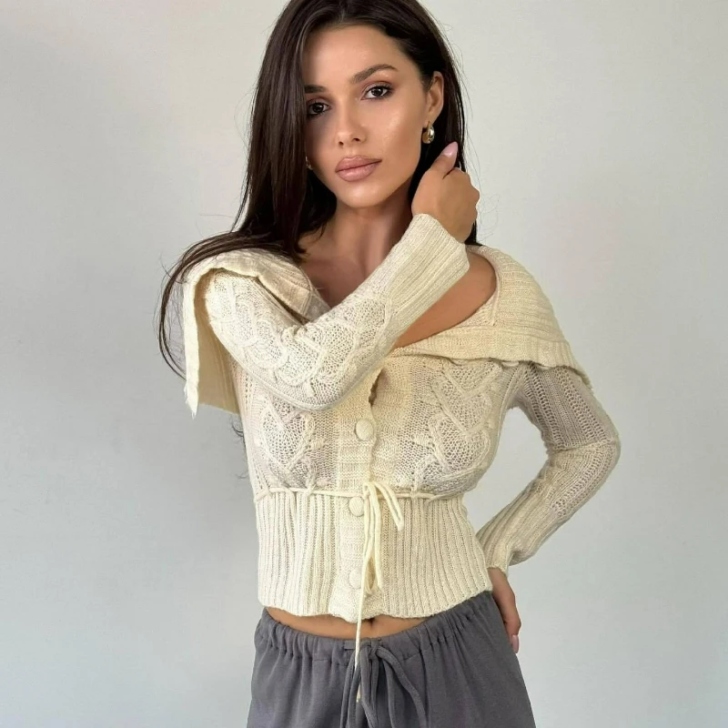 

2026 Autumn New Fashionable Long-sleeved Slim-fitting Versatile Knitted Cardigan for Women Design Sense Lapel Soft Sweater Coat