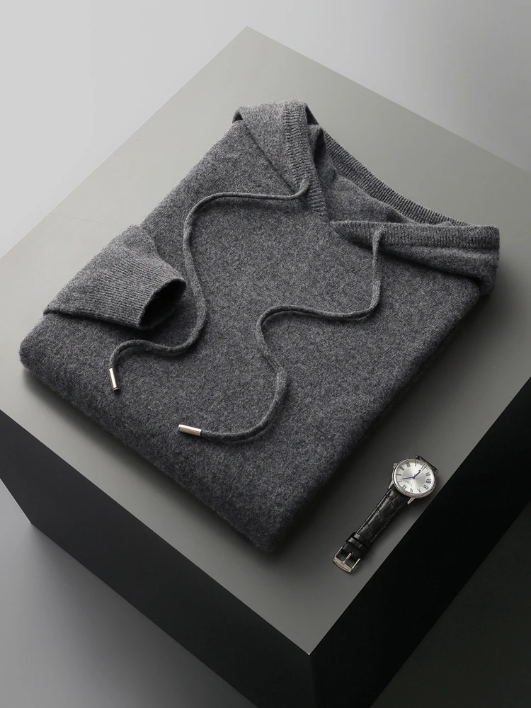 100% Merino Wool Suit Men Hooded Pullover Autumn Winter Knitted Two-Pieces High Waist Trousers Fashion Solid Color Sweater Pants