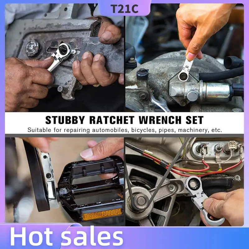 

T21C 15-Piece Flex-Head Stubby Ratcheting Combination Wrench Set, Mini Wrench Set, Double Box End Flex-Head, Mini Spanner Set