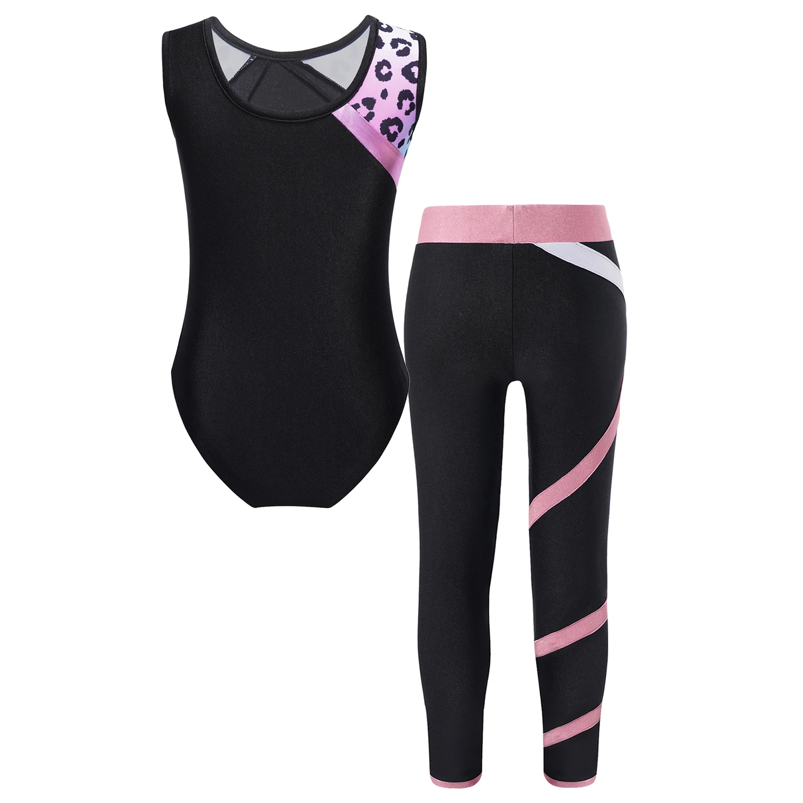 Kids Girls Sleeveless Rhinestones Ballet Dance Gymnastic Leotard with Legging Pants Outfit 2Pcs Printed Bodysuit Jumpsuit Set