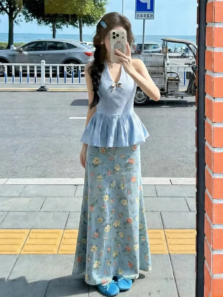 

Юбка женская джинсовая больших размеров с цветочным принтом, летняя, расклешенная, А-силуэт, облегающая, длинная, повседневная, с высокой талией