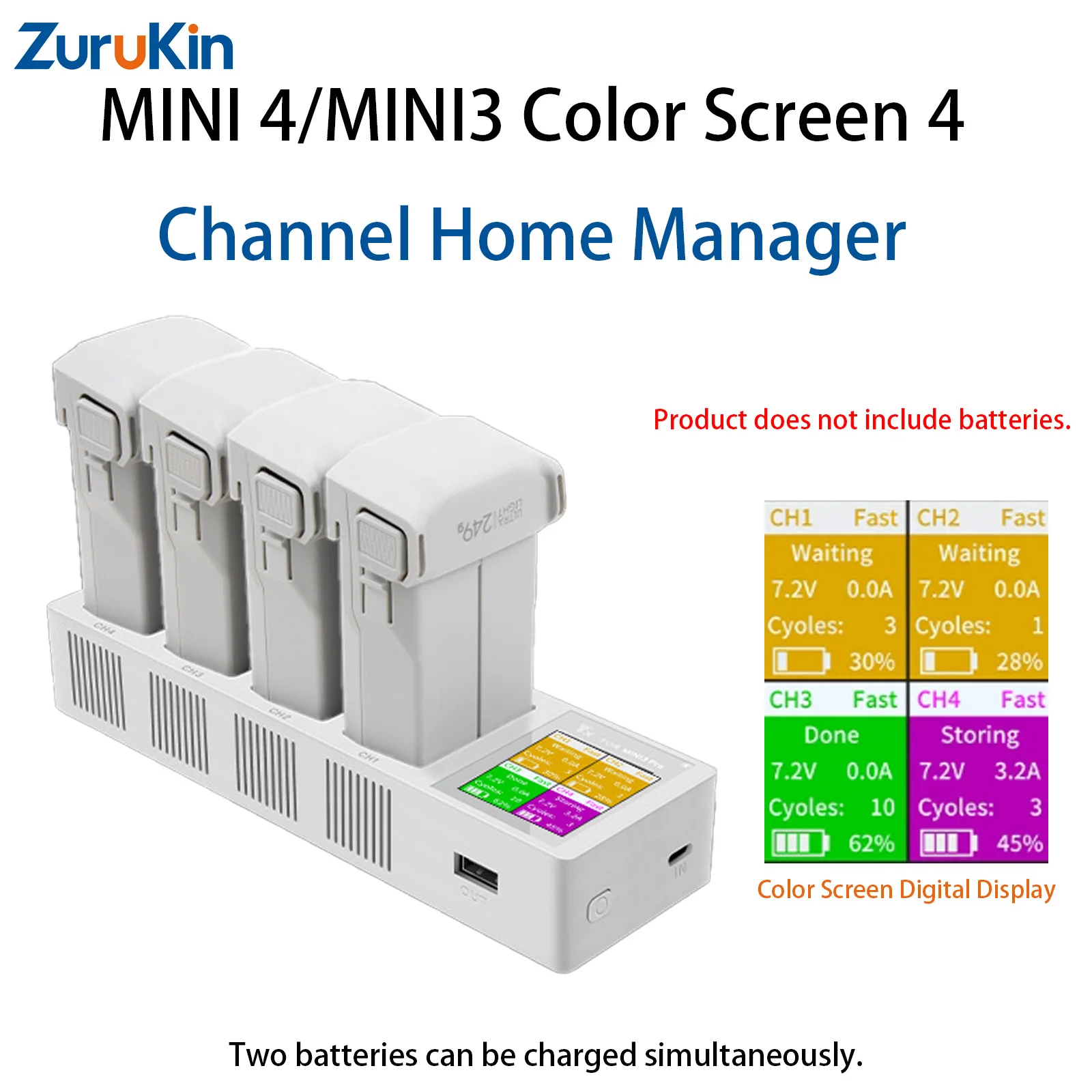 

4-канальный менеджер зарядки аккумуляторов для DJI Mini 5 Pro/Mini 4 Pro/Mini 3 Pro с цветным экраном, быстрой зарядкой PD и функцией USB Power Bank