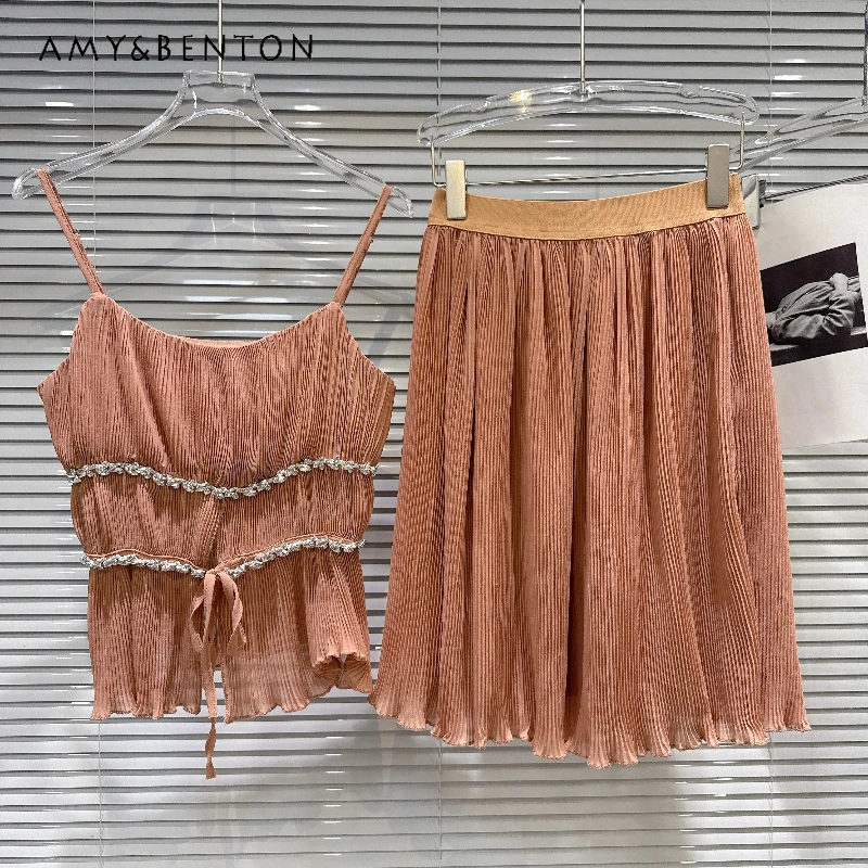

2026 Summer New Vacation Rhinestone Pleated Women's Sling Sweet Cool Sexy Versatile Elastic Waist Skirt Temperament Suit Ladies