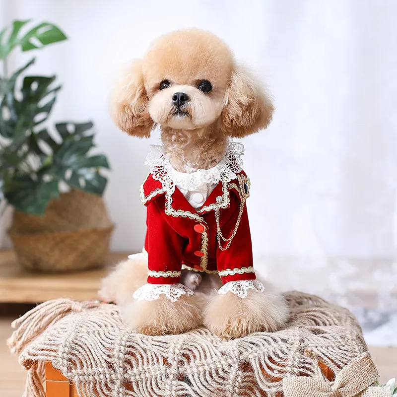 Handmade Dog Lace Cuff Tuxedo Shirt Royal Nobility Party Wear for Cats Poodle Yorkie Wine Red Suit White Shirt Two-piece Set