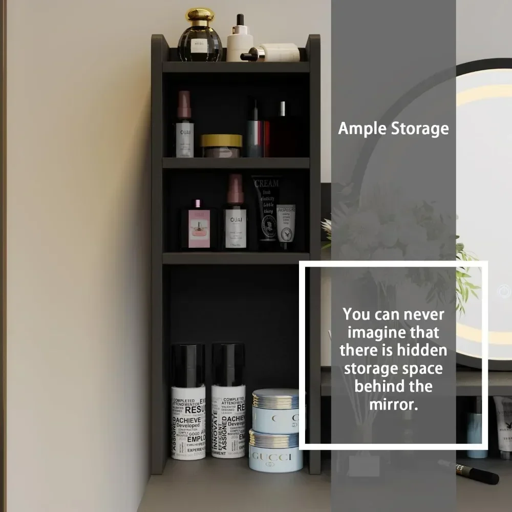 Dresser with Round Mirror Shelf and Upholstered Stool Black Vanity Set with Illuminated Mirror for Bedroom image 4