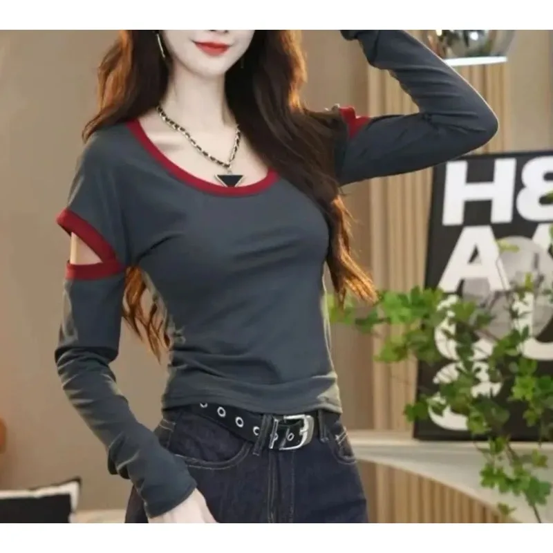 Office Lady Spring Autumn Round Neck Hollow Out Contrast Color Women's Clothing Long Sleeve Pullover T-shirt Casual Sweet Tops