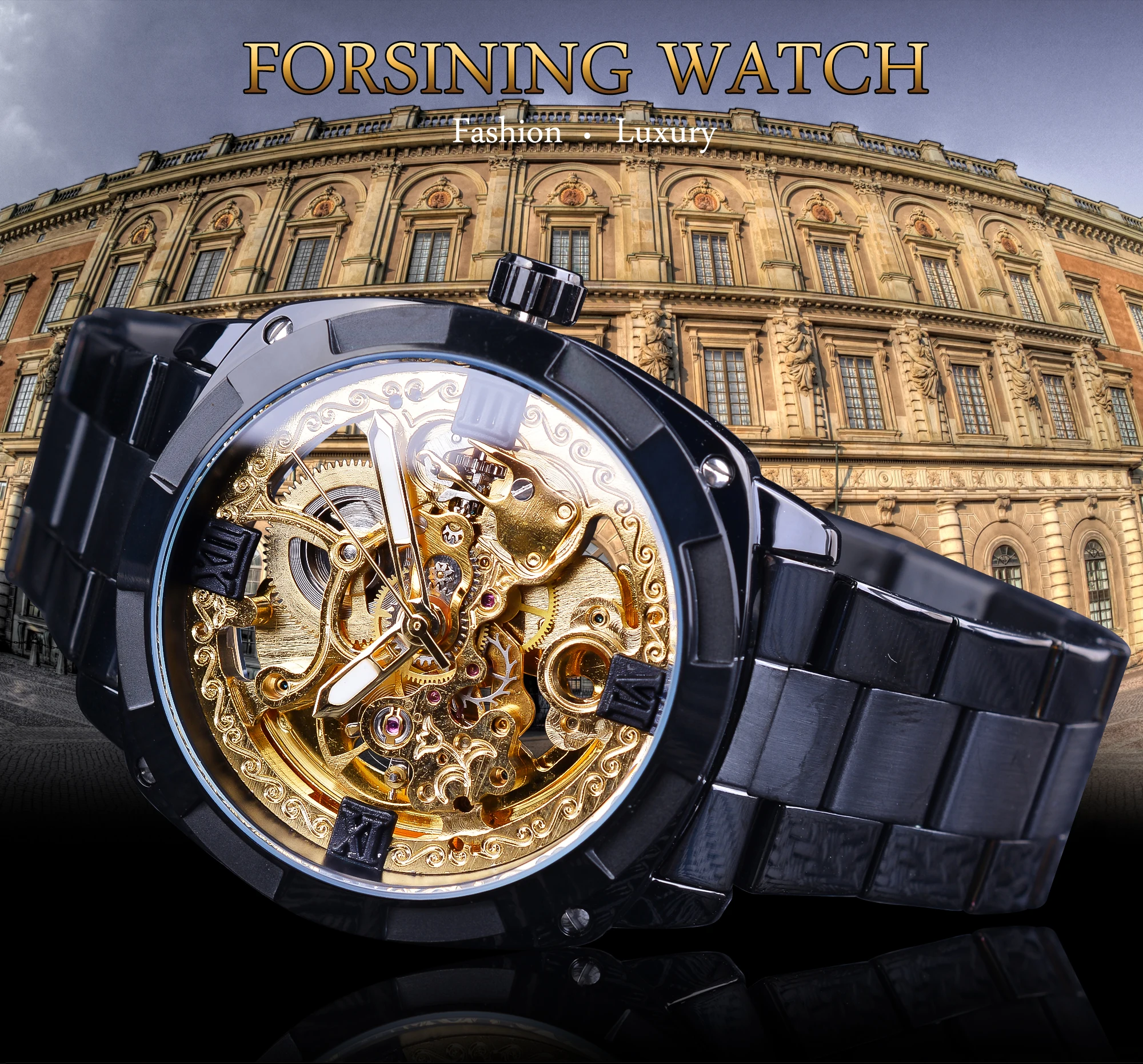 Forsining Men\'s Automatic Mechanical Watch Fashion Transparent Retro Top Brand Luxury Full Golden Luminous Hands Skeleton Clock