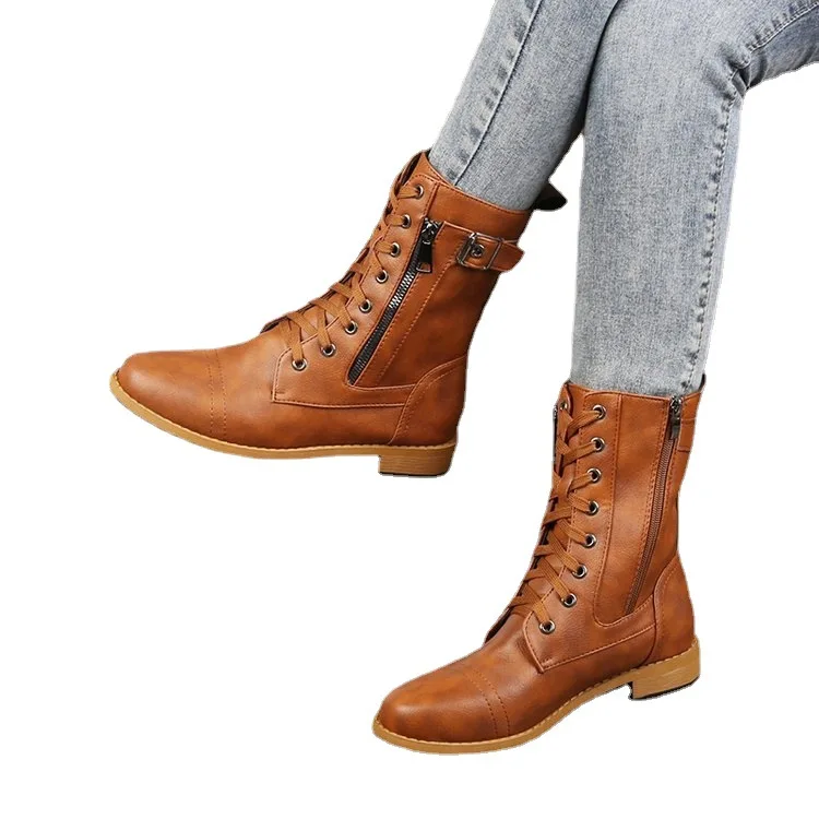 Bottes de rinçage en cuir épais pour femmes, bottines de moto, chaussures plates pour femmes, mode féminine, bottes de skip, 35-43, 681