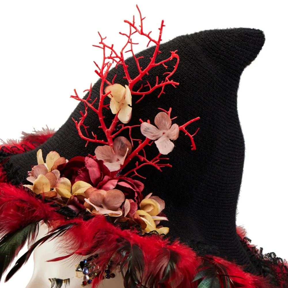 Halloween Witch Spiked Cornice Hat Goth Dark Feathers Flower Wizard Lolita Magic Hat Cosplay Accessory 5
