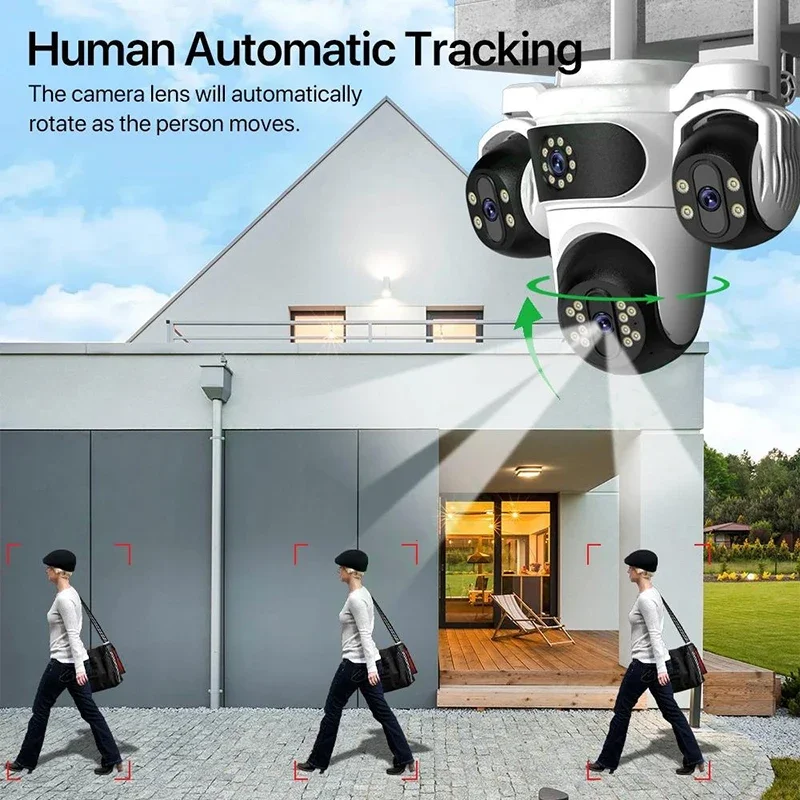 

Surveillance HD Wireless Monitor Cam. 15MP 6K WIFI Security Camera 4X Zoom Four Lens Three Screen PTZ Camcorder Human Detection