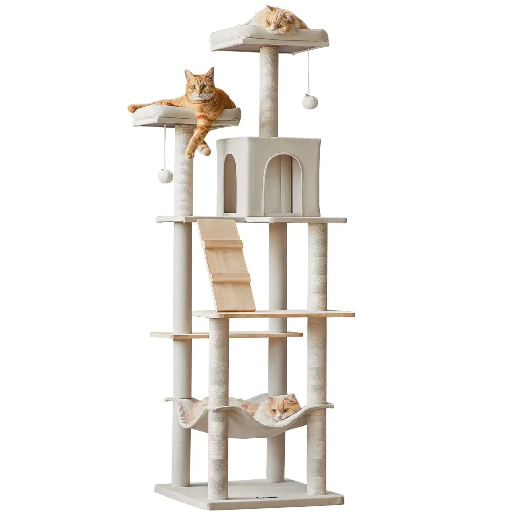 

Large Modern Cat Tree, 70.1-Inch Wood Cat Tower for Indoor Cats, Multi-Level Tall Cat Condo with 2 Padded Perches, Customized
