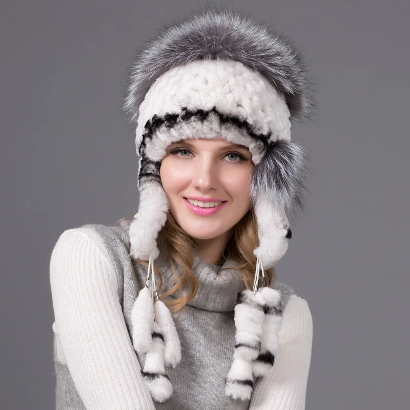 

Otter Rabbit Fur Real Knitted Hat Tassel Women's Woven Fur Ear Protection Hat Winter