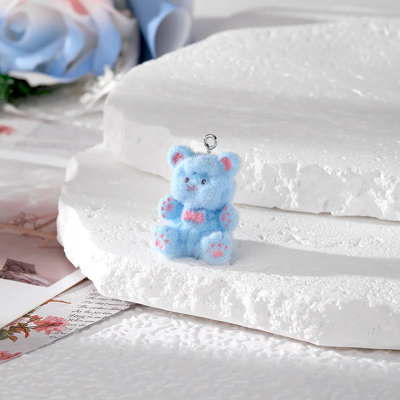 20pcs Flocking Resin Cartoon Bear Frog Charms 3D Plush Animal pendant For make Necklace keychains DIY crafts Jewelry fittings