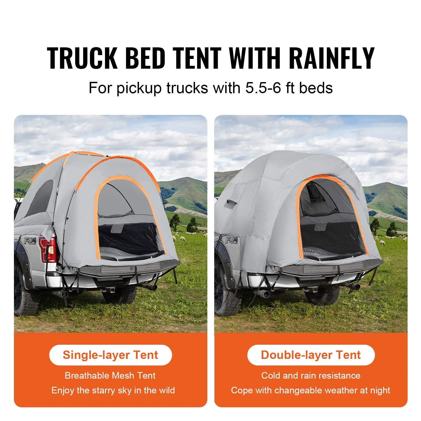 Truck Bed Tent, 5.5'-6' Pickup Truck Tent with Rain Layer and Carry Bag, Waterproof PU2000mm Double Layer Truck Tent for Camping