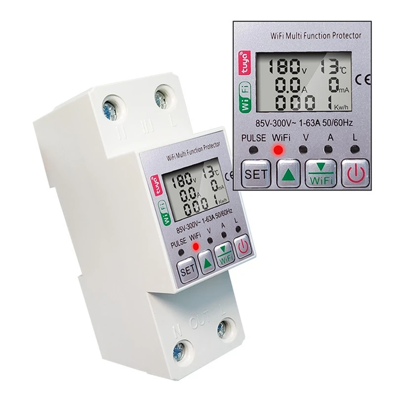 Tuya WiFi Energy Meter, Kwh Metering Switch, Função de temporização com tensão atual e proteção contra vazamentos, fácil de usar, 63A, 110V, 220V