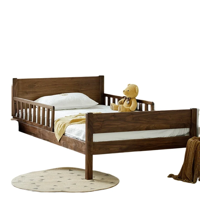 

Pure solid wood small apartment children's bed household widened simple modern splicing large bed black walnut