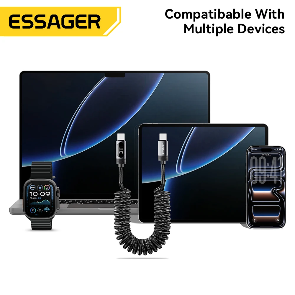 Essager Type C to Type C Cable PD 100W Fast Charging Wire for Xiaomi Samsung LED Display Spring Data Cord for iPhone 17 16 15