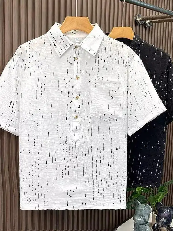 

Summer Loose Fit Ice Silk Short Sleeve T-Shirt Men's Half Buttoned Collar Trendy Casual Top Polyester Fiber Cool Feeling