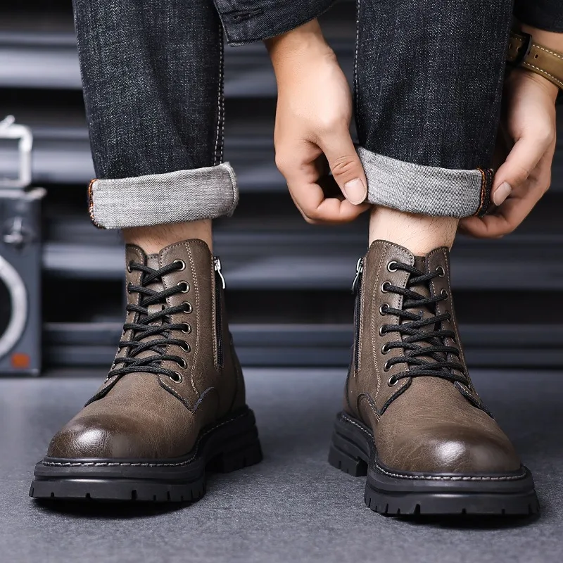 Autumn Winter Leather Platform Boots for Men Fashion Soft-soled Warm Casual Men Work Shoes New Designer Lace Ankle Boots Male image 6