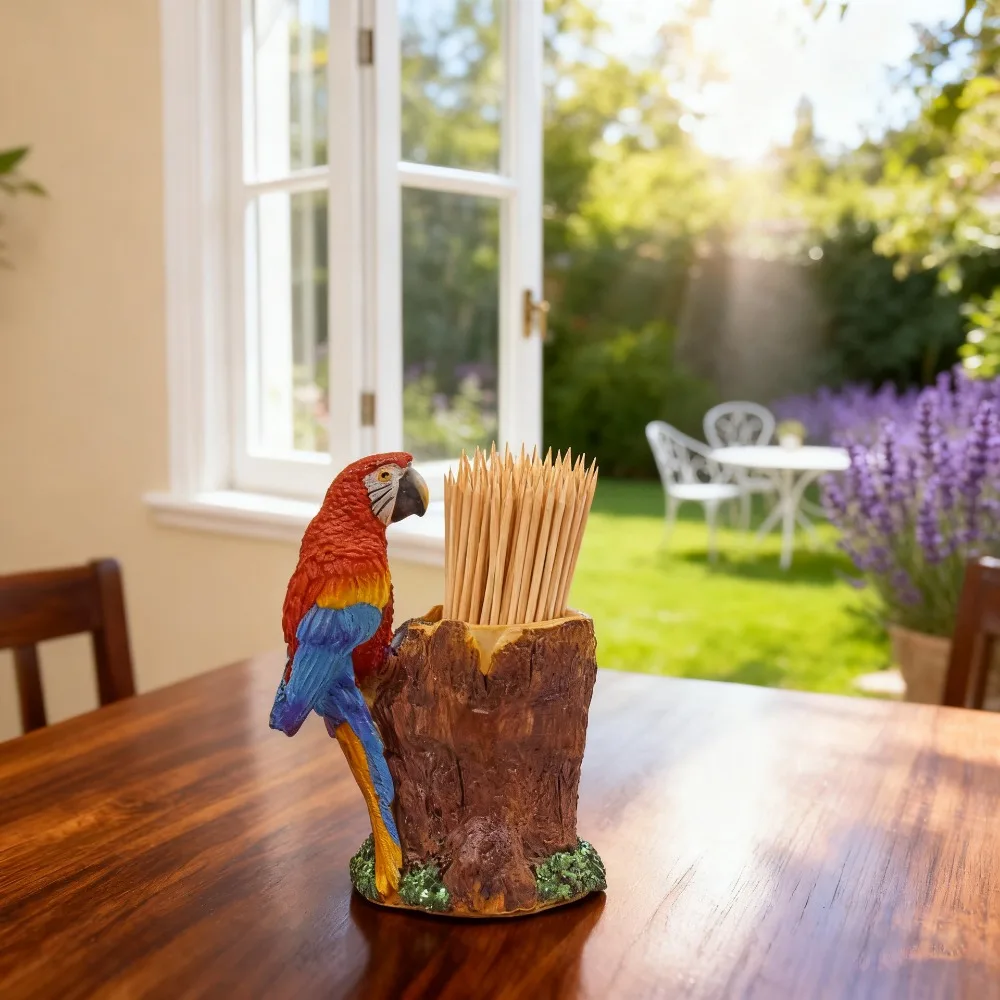 1PC Parrot Shaped Toothpick Holder Resin Tree Stump Decorative Container for Home Kitchen Tabletop Ornament