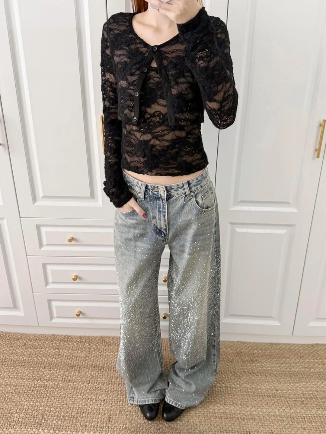 

Джинсы с высокой талией и широкими штанинами, женские, прямого кроя, утягивающие, из денима, летние, новый стиль, для фигуры типа «груша», с узором «звезды», повседневные