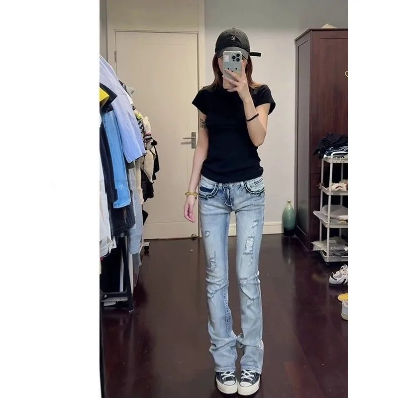 2026 New Extended Retro Worn Slightly Pulled Jeans Women's Summer American Low-rise Spice Girl Beggar Narrow Version Bell Pants