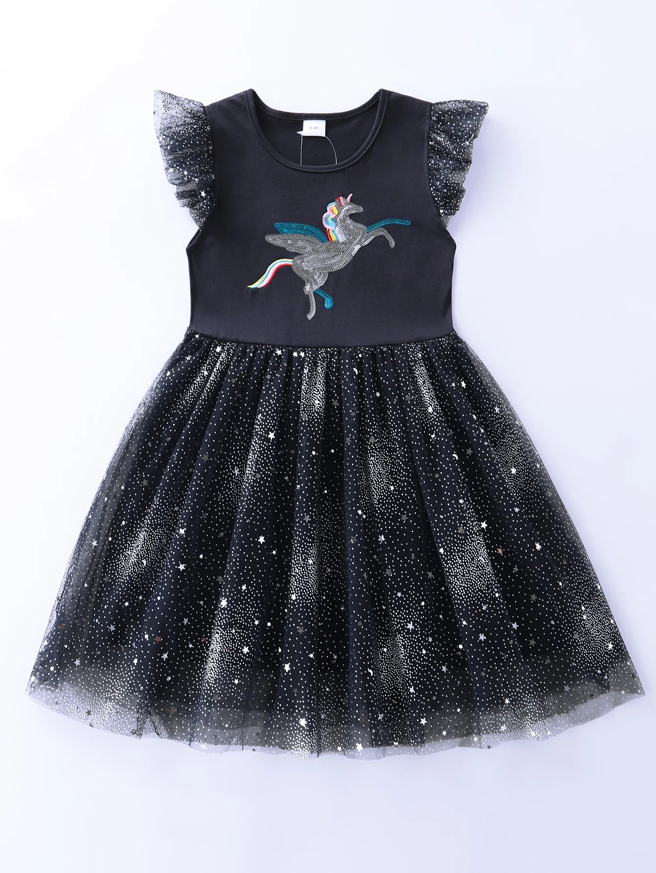 Girls' Summer Cartoon Unicorn Embroidered Mesh Spliced Cotton Sleeveless A-line Dress