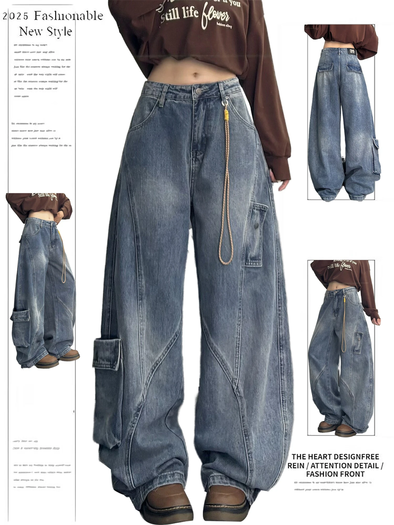 

Women's Light Blue Denim Wide Leg Jeans New Fashion Cargo Pockets Distressed High Waist Y2K Casual Streetwear Trousers