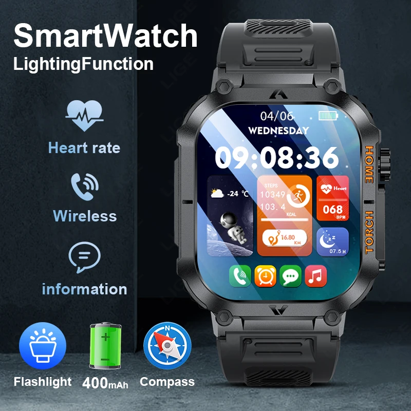 

LIGE 2.02 inch Big Screen Compass Smart Watch With Led Lighting 3ATM Waterproof Sports Health Monitor Smartwatch For Android IOS