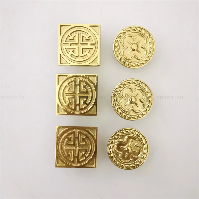 Gold Furniture Handle Door Knobs Solid Brass Round Square Flower Single Hole Handles for Cabinet Kitchen Cupboard Drawer Pulls