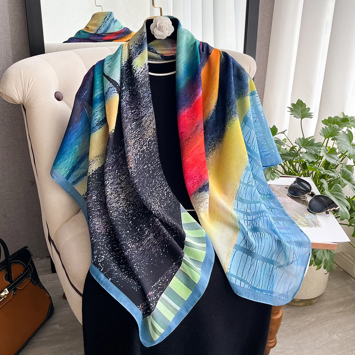 

Женский роскошный шелковый узкий шарф 2021, сумка с ручкой, лента, женская повязка на голову с богемным принтом, большие шарфы для волос, женский носовой платок