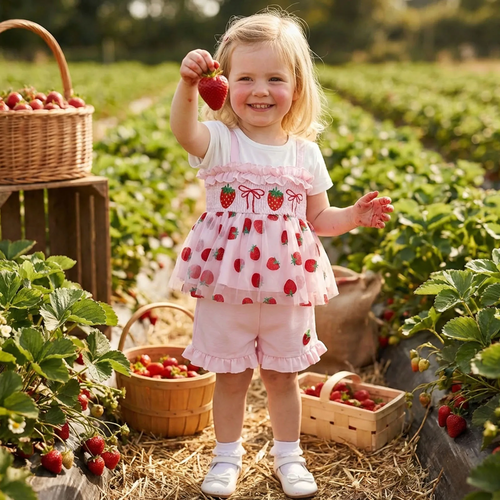 Toddler Baby Girls Summer Outfits Strawberry Bow Embroidered Ruffled Trim Sleeveless Tanks Tops and Shorts Casual Clothes